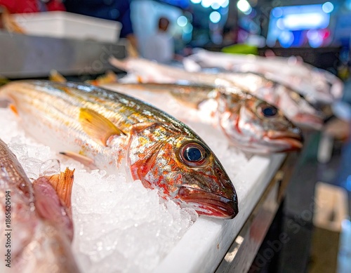 Close-up of fresh fish on ice at a seafood market display