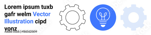 Innovation, technology, engineering, problem-solving, creativity, workflow optimization. Gear shapes and a light bulb in blue. Innovation and technology concept in creative design