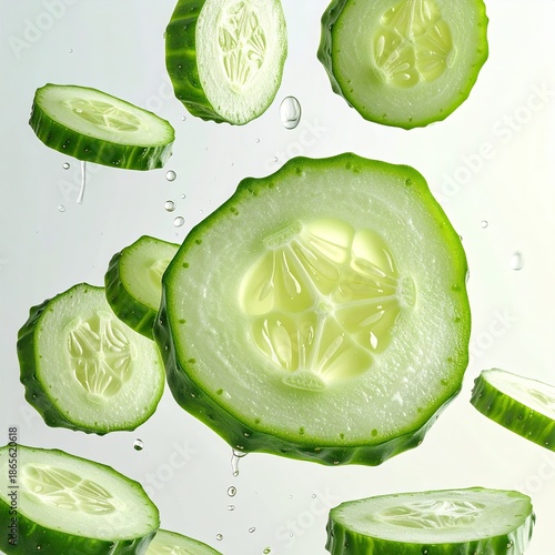 Freshly sliced cucumbers in mid-air, droplets create a refreshing scene