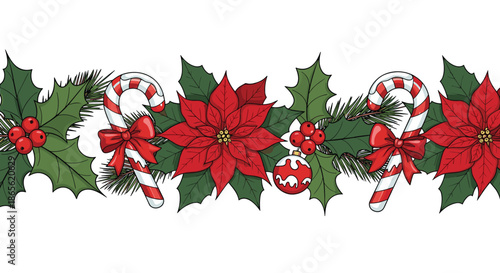 Festive seamless Christmas border garland with red poinsettia flowers, candy canes, holly berries, and shiny red ornaments.