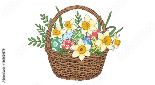Traditional wicker Easter basket filled with beautifully decorated colored eggs and fresh yellow daffodil flowers, isolated on white.