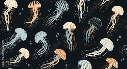 Elegant seamless pattern of beautifully hand-drawn jellyfish in various colors gracefully floating against a dark navy blue background.