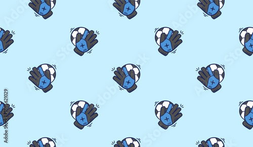 Goalkeeper glove doodle icon seamless pattern background. Football gloves sport tiled hand drawn illustration colored vector background. Soccer gloves and ball background.