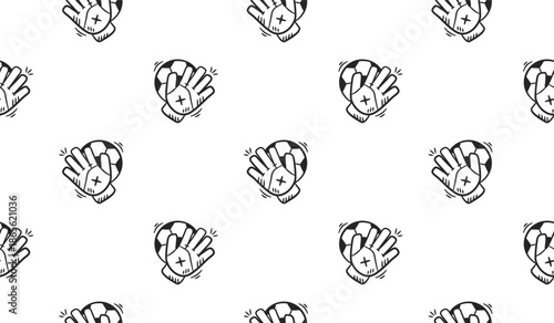 Goalkeeper glove doodle icon seamless pattern background. Football gloves sport tiled hand drawn illustration outline vector background. Soccer gloves and ball background.