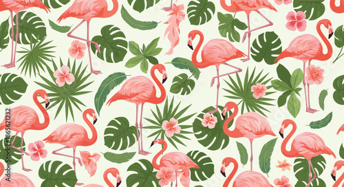 Seamless tropical pattern featuring pink flamingos, lush green monstera leaves, and vibrant pink hibiscus flowers on a light background.
