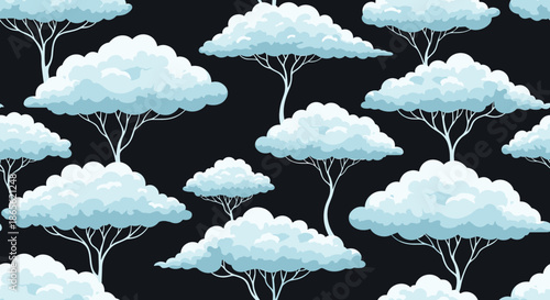 Surreal seamless pattern of stylized trees with fluffy, cloud-like canopies in shades of blue against a dark night sky.