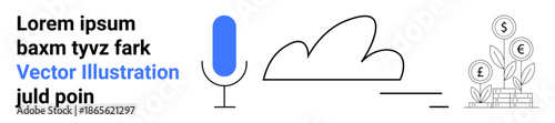 Cloud computing, voice interaction, financial growth, data technology, sound recognition, abstract design. Blue microphone, cloud outline growing money plant icon. Cloud computing and voice