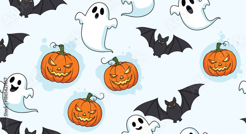 Fun and spooky seamless Halloween pattern featuring cute cartoon ghosts, flying black bats, and grinning jack-o'-lantern pumpkins.