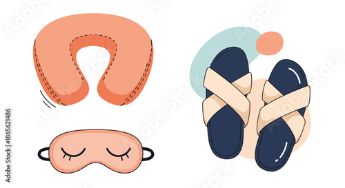 Cozy travel and relaxation accessories set including a neck pillow, a cute sleeping eye mask, and comfortable slide sandals.