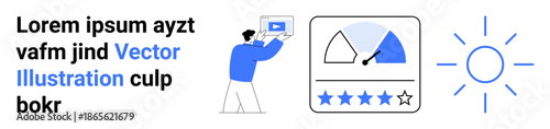 Man evaluates progress on a device with star rating meter, performance gauge, and sun icon. Ideal for business review, customer feedback, performance metrics, rating system, UX design, dashboards