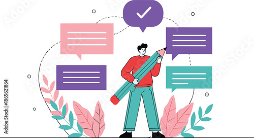 Content Strategy Planning Concept Flat Vector Illustration with Man Holding Pencil, Message Bubbles, Feedback, and Creative Ideas