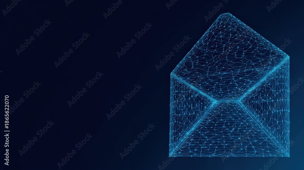 © Anca - An abstract digital representation of an open envelope glows against a dark blue backdrop, symbolizing communication and the digital age. ..Created with Generative AI, not depicting real subjects.