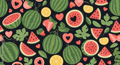 Fun and vibrant seamless summer pattern with whole watermelons, juicy slices, lemons, and cute hearts on a dark background.