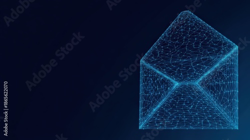 An abstract digital representation of an open envelope glows against a dark blue backdrop, symbolizing communication and the digital age. ..Created with Generative AI, not depicting real subjects.