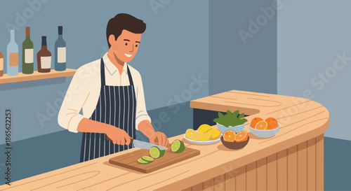Bartender Preparing Garnish
A flat vector illustration of a bartender slicing citrus fruits and preparing garnishes on a bar counter. Cutting board, knife, herbs, and fruit visible. 