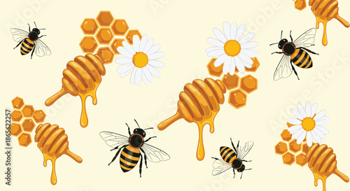 Sweet seamless pattern featuring busy bees, honeycombs, dripping honey dippers, and white daisy flowers on a yellow background.