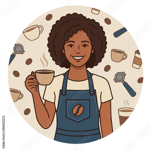 Friendly Bartender Portrait

A flat vector illustration of a friendly bartender smiling while holding a cocktail or shaker. Simple background with bar-related icons. 