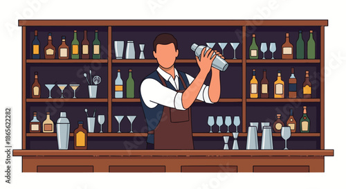  Bartender Mixing Cocktail
A flat vector illustration of a bartender behind a bar counter shaking a cocktail shaker. Bottles, glasses, and bar tools are arranged on shelves in the background. 