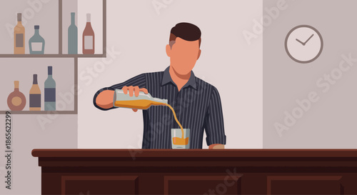 Bartender Pouring Drink
A flat vector illustration of a bartender pouring a drink from a bottle into a glass. Smooth flowing liquid, bar counter visible. Minimal bar interior background.