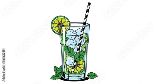 Refreshing mojito cocktail in a tall glass filled with ice, mint leaves, and lime slices, with a black and white straw.