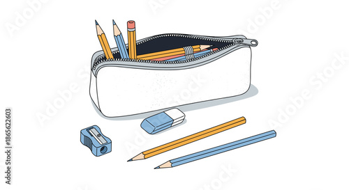 Simple illustration of school supplies including a pencil case, several pencils, an eraser, and a sharpener on a white background.
