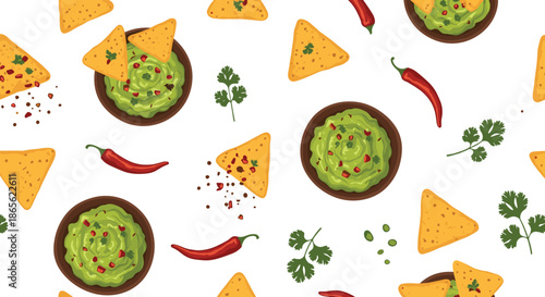 Fun seamless pattern of fresh guacamole in bowls, crunchy tortilla chips, red chili peppers, and cilantro on a white background.