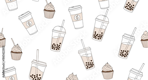Seamless pattern of sketched cafe items, including bubble tea, coffee cups, and cupcakes, scattered randomly on a white background.