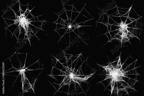White vector spider webs on a black background Halloween design elements, Generative AI