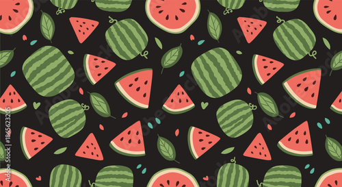 A cute and playful seamless pattern with cartoon watermelons, juicy red slices, and green leaves on a dark background for summer designs.