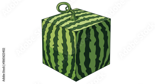 An unusual and quirky illustration of a square watermelon with a green striped rind and a curly vine, isolated on a white background.