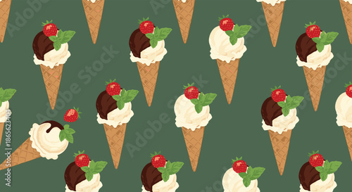 A sweet seamless pattern of vanilla and chocolate ice cream cones topped with fresh strawberries and mint leaves on a green background.