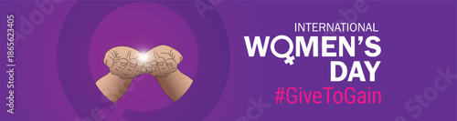 Give To Gain - International women's day concept poster. Woman sign illustration background. 2026 women's day campaign theme - #GiveToGain