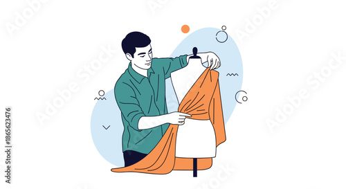 A modern flat illustration of a male fashion designer or tailor draping orange fabric on a mannequin in a studio workshop setting.