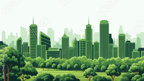 Green city skyline with trees and park landscape.