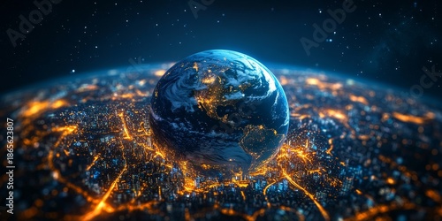 Aerial view of Earth globe surrounded by multiple highways, traffic lights glowing at night in city centers  Concept for global business technology and digital connectivity, Generative AI