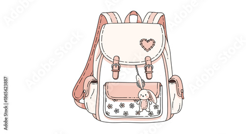 A cute and stylish pink and white backpack with a heart patch, floral pocket, and a bunny keychain, drawn in a clean line art style.
