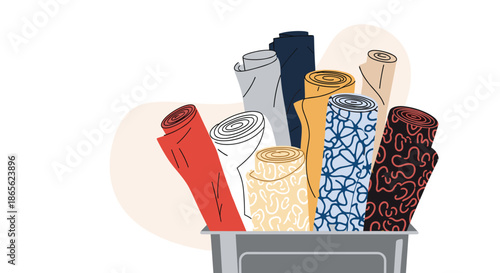 A contemporary illustration of various colorful fabric rolls with different patterns, stored in a bin for sewing or textile design.