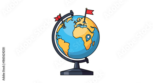 A cartoon illustration of a desktop globe showing world continents with red flags and location pins, representing travel and geography.