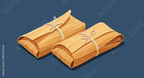 A realistic illustration of two traditional Mexican tamales wrapped in corn husks and tied with string on a dark blue background.