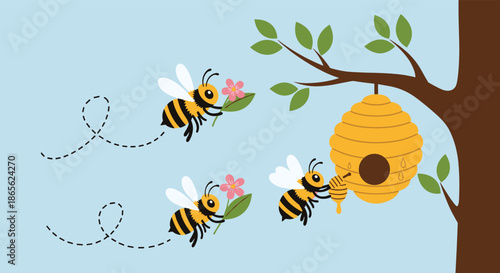 A cute cartoon illustration of busy honey bees flying around their beehive hanging from a tree branch against a blue sky.