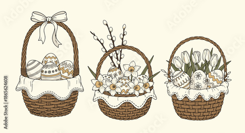 A charming vintage-style collection of three wicker Easter baskets filled with decorated eggs, spring flowers and pussy willow.