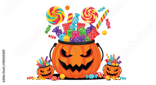 A festive Halloween illustration of jack-o'-lantern buckets overflowing with colorful candies, lollipops, and other sweet treats.