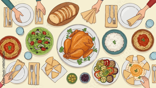 Overhead view of a festive holiday dinner table setting with roasted chicken and various side dishes.
