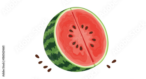 A juicy, fresh half of a watermelon with a vibrant red center and dark seeds spilling out, illustrated in a clean cartoon style.
