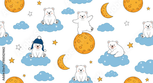 Cute Polar Bear Seamless Pattern with Moon Clouds and Stars for Kids Nursery Background Vector Illustration