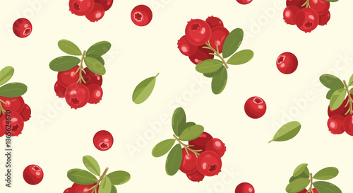 A seamless pattern of ripe red lingonberries with green leaves, creating a fresh and natural background for food or cosmetic designs.