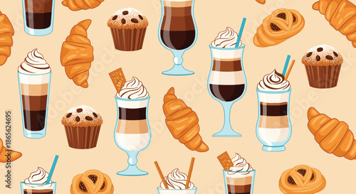 A seamless pattern for a coffee shop or bakery with layered coffee drinks, chocolate muffins, croissants, and other pastries.