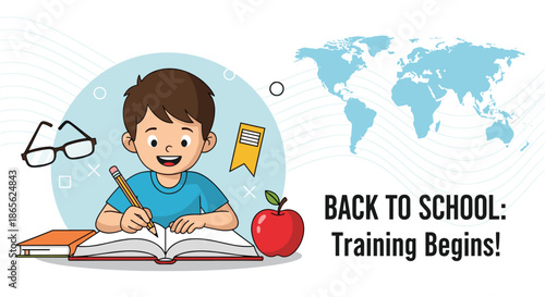 A back-to-school banner featuring a happy cartoon boy writing in a book at his desk, with educational icons and a world map.