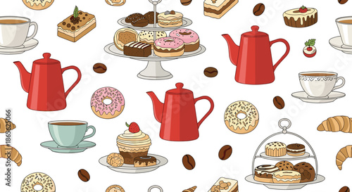 A delightful seamless pattern for a cafe with coffee cups, red teapots, croissants, donuts, and cakes on a tiered stand.