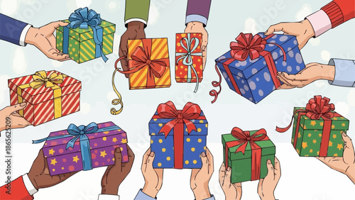 Hands holding colorful gift boxes with ribbons and bows.